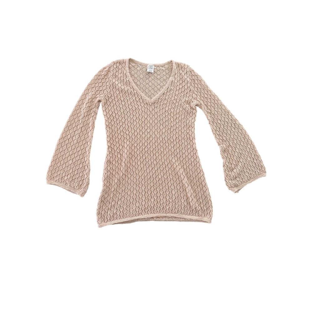 Shade & Shore Pink Crochet Knit V-Neck Bell Sleeve Swim Cover-Up Top Medium